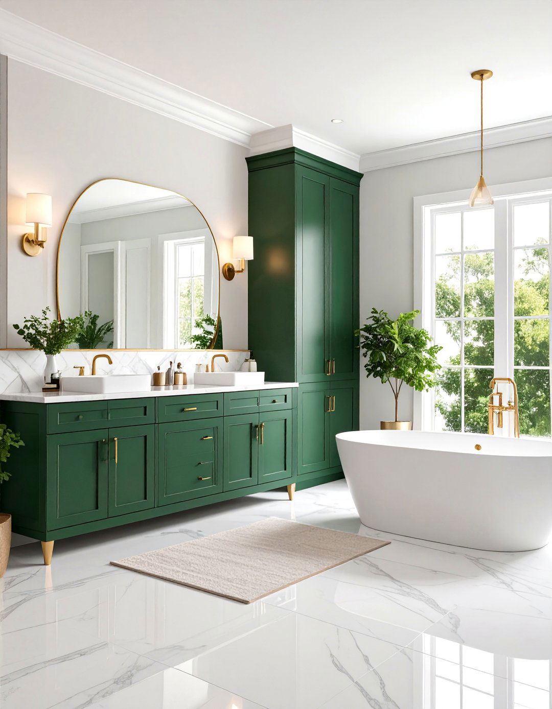Hunter Green Cabinetry with White Marble Contrast - 25 Olive Green Bathroom Ideas