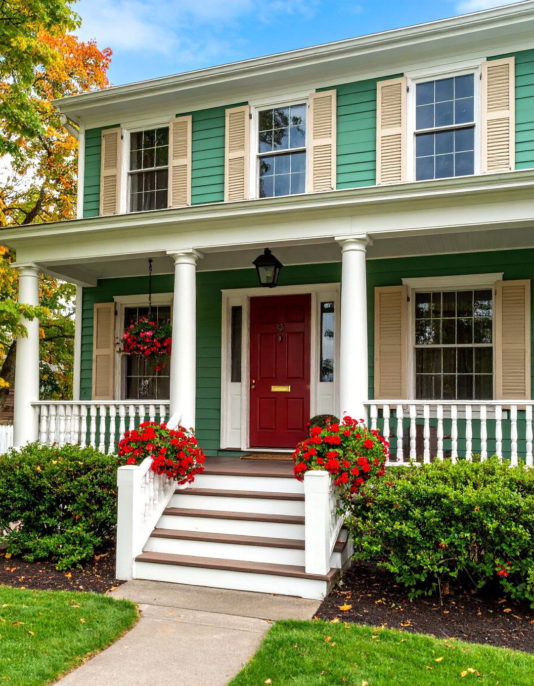 Hunter Green Colonial with Cream Shutters - 25 Green Exterior House Paint Ideas