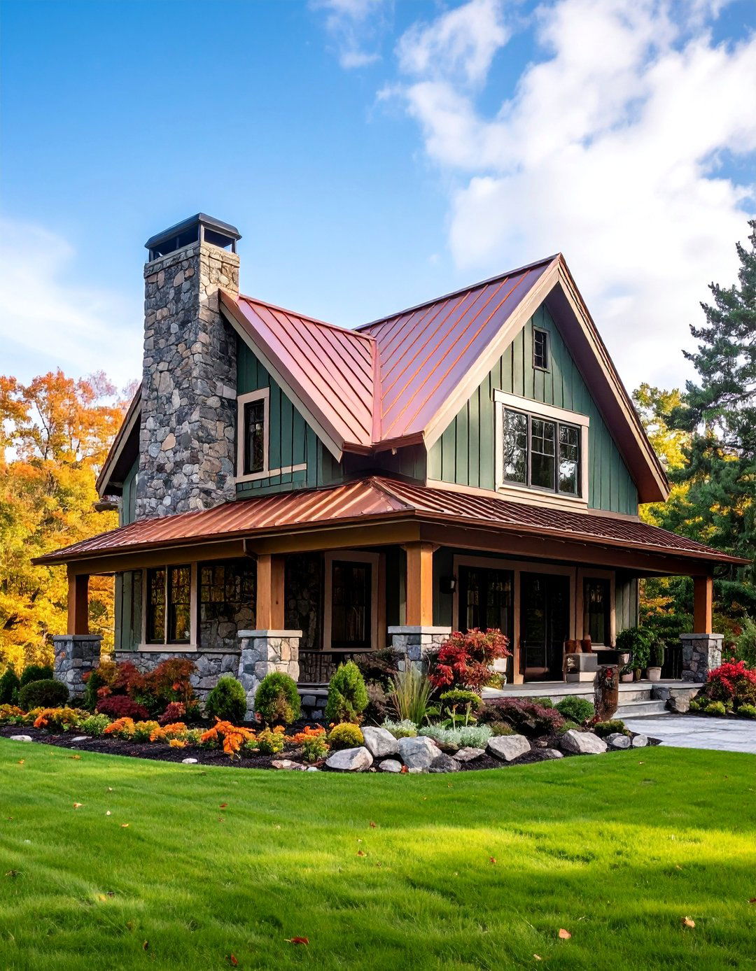 Hunter Green Farmhouse with Copper Roofing Accents - 25 Farmhouse Green Exterior Home Ideas