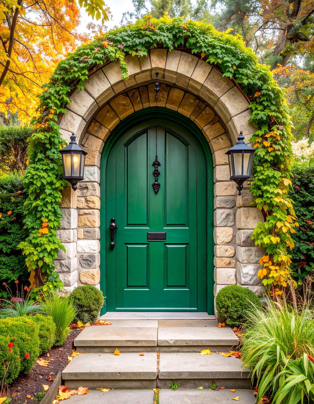 Hunter Green Front Door with Stone Surround - 25 Green Front Door Ideas