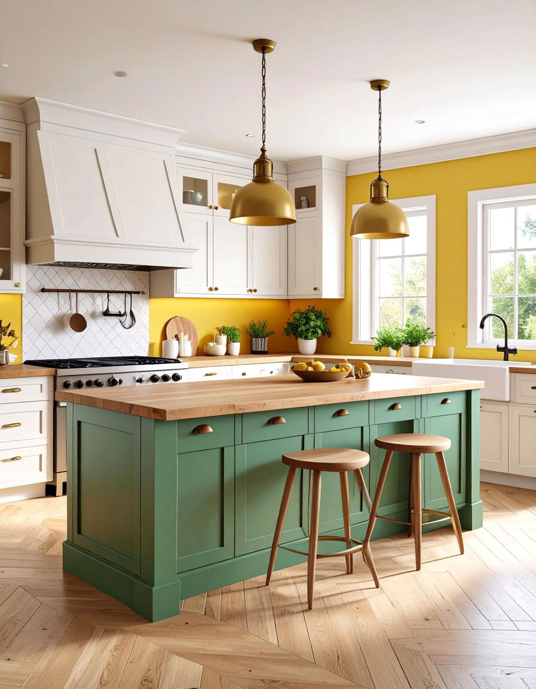 Hunter Green Kitchen Island with Butter Yellow Walls - 25 Green and Yellow Kitchen Ideas