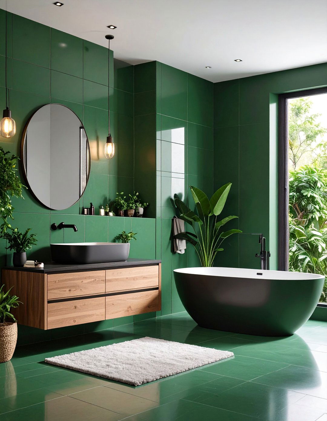 Hunter Green Large Format Tiles with Black Accents - 25 Green Tile Bathroom Ideas