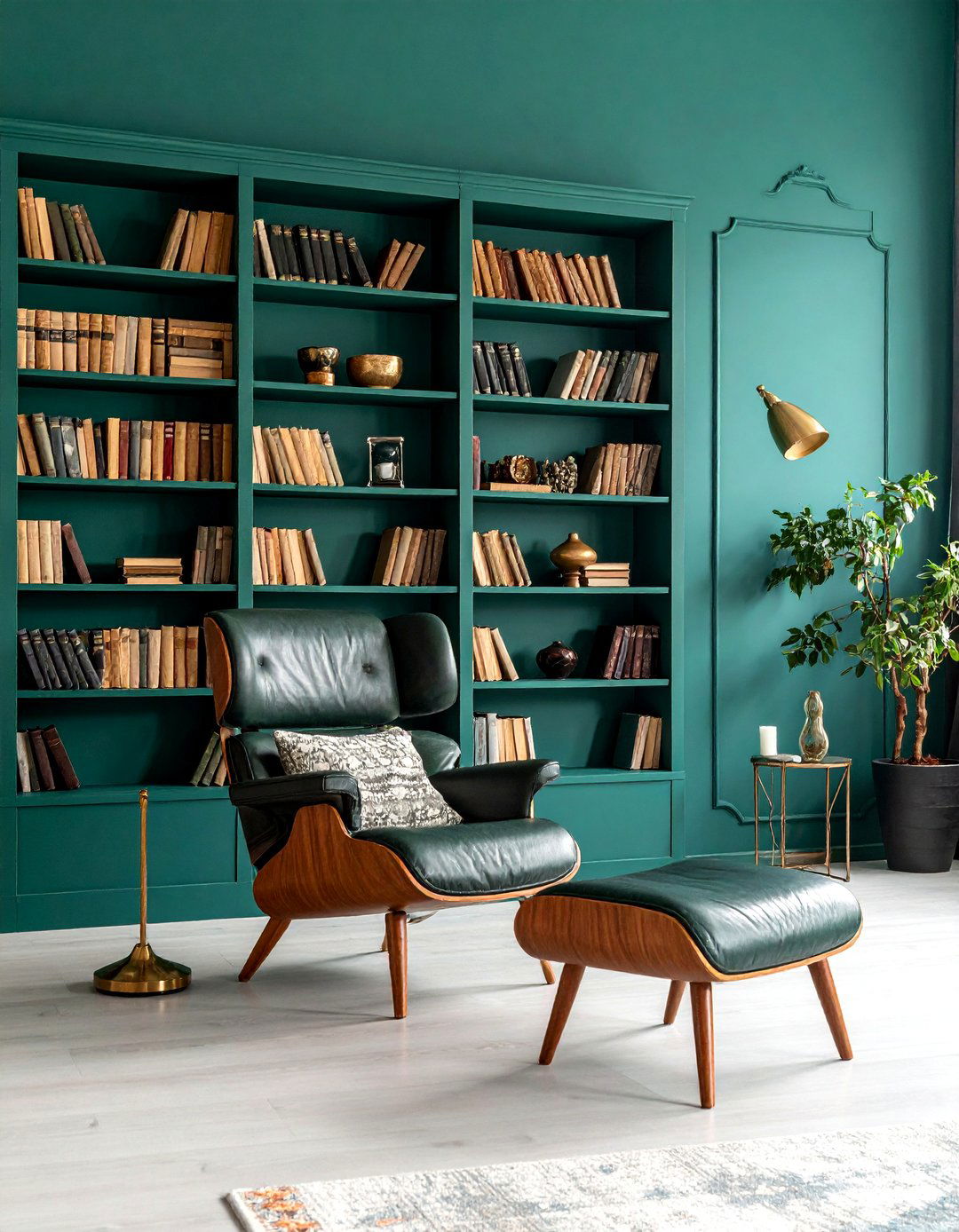 Hunter Green Library Wall with Built in Shelving - 25 Dark Green Accent Wall Ideas