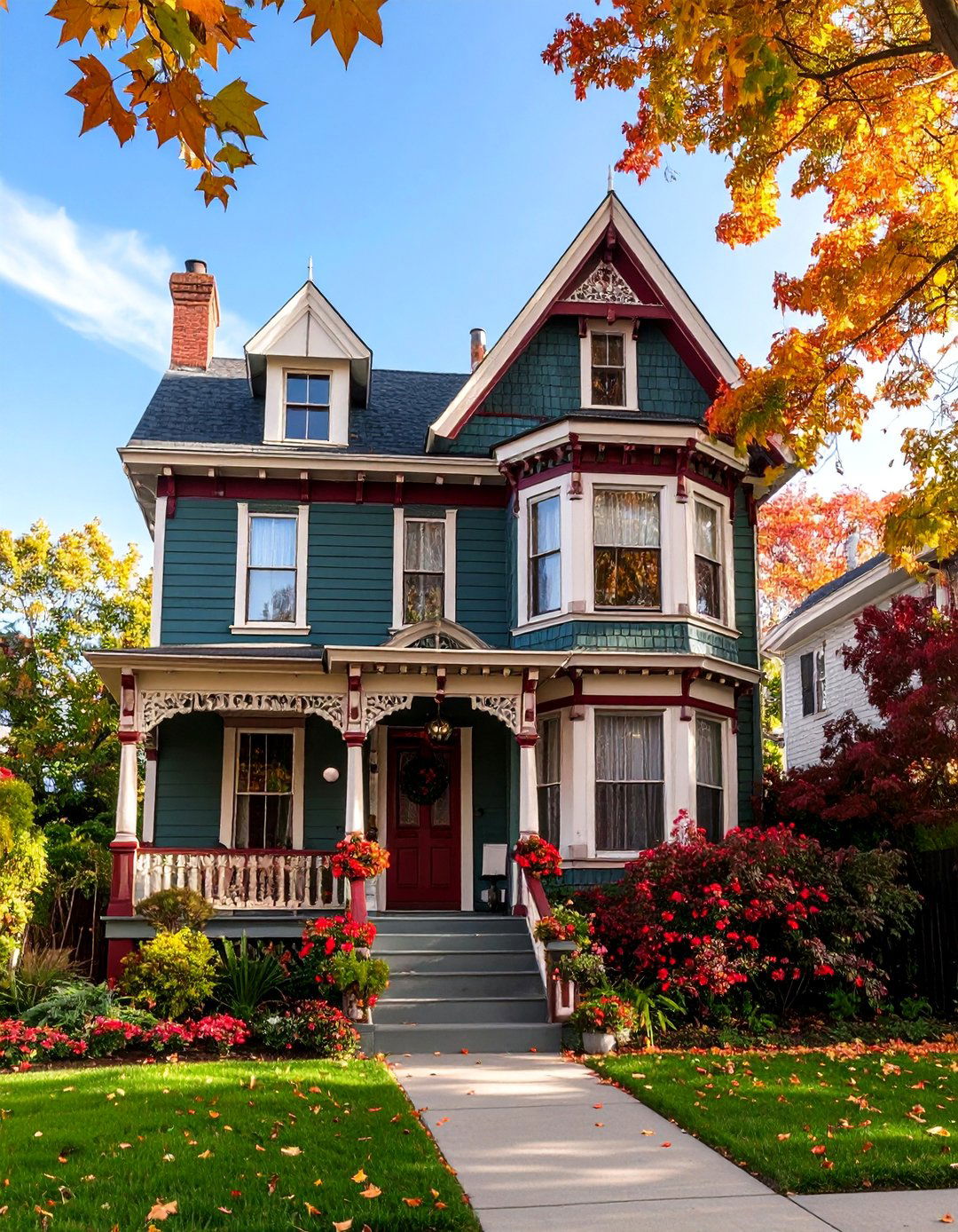 Hunter Green Traditional Victorian with Burgundy Accents - 25 Green Victorian House Colors