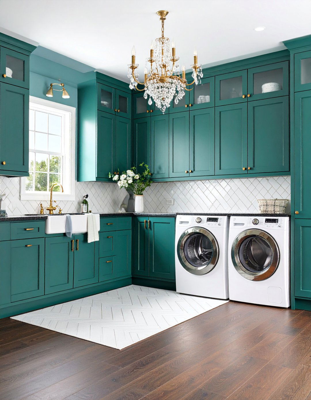 Hunter Green Traditional with Dark Countertops - 25 Green Laundry Room Ideas