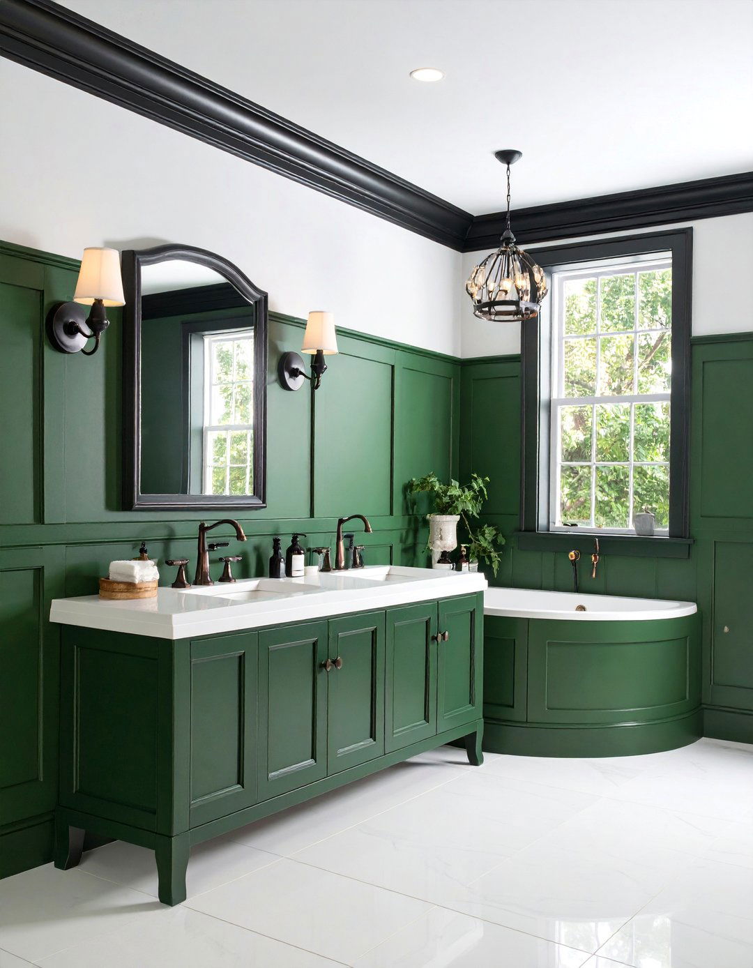 Hunter Green Wainscoting with Black Chair Rail - 25 Black and Green Bathroom Ideas