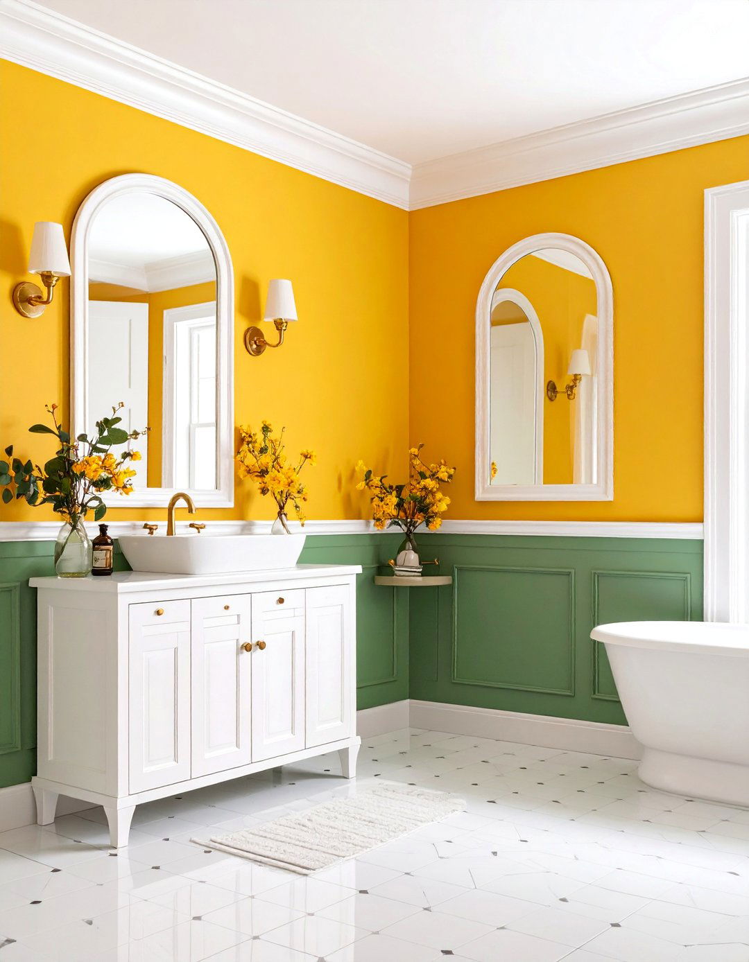 Hunter Green Wainscoting with Marigold Yellow Upper Walls - 25 Yellow and Green Bathroom Ideas