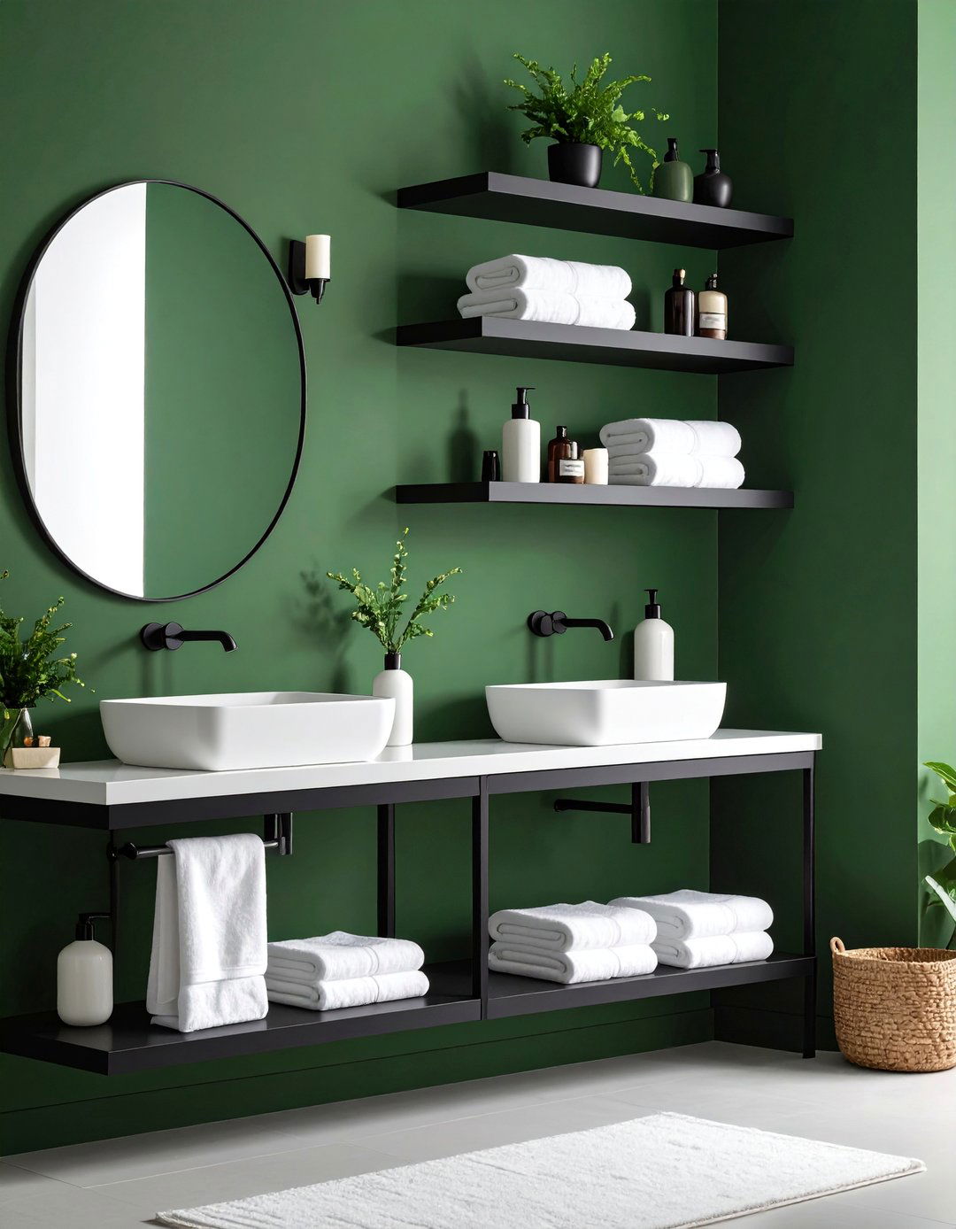 Hunter Green Wall Paint with Black Floating Shelves - 25 Black and Green Bathroom Ideas