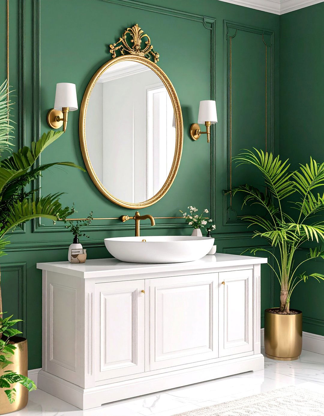 Hunter Green Wallpaper Powder Room with Gold Accents - 25 Green Powder Room Ideas