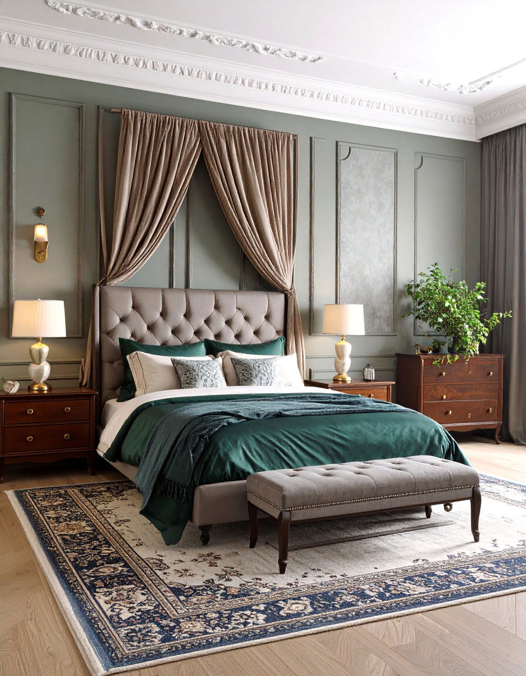 Hunter Green and Warm Grey Traditional Bedroom - 25 Green and Grey Bedroom Ideas