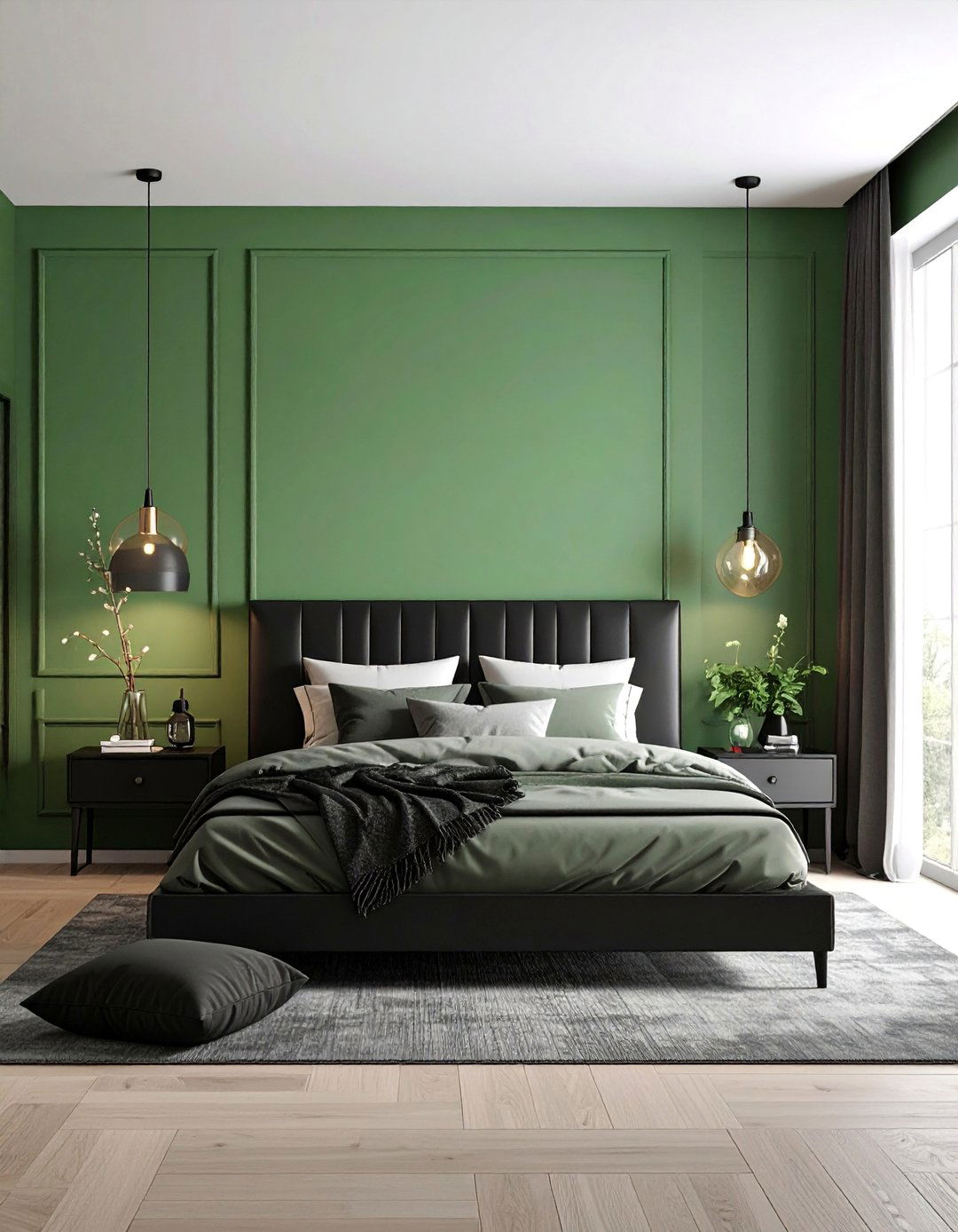 Hunter Green with Black Modern Accents - 25 Dark Green Bedroom Ideas