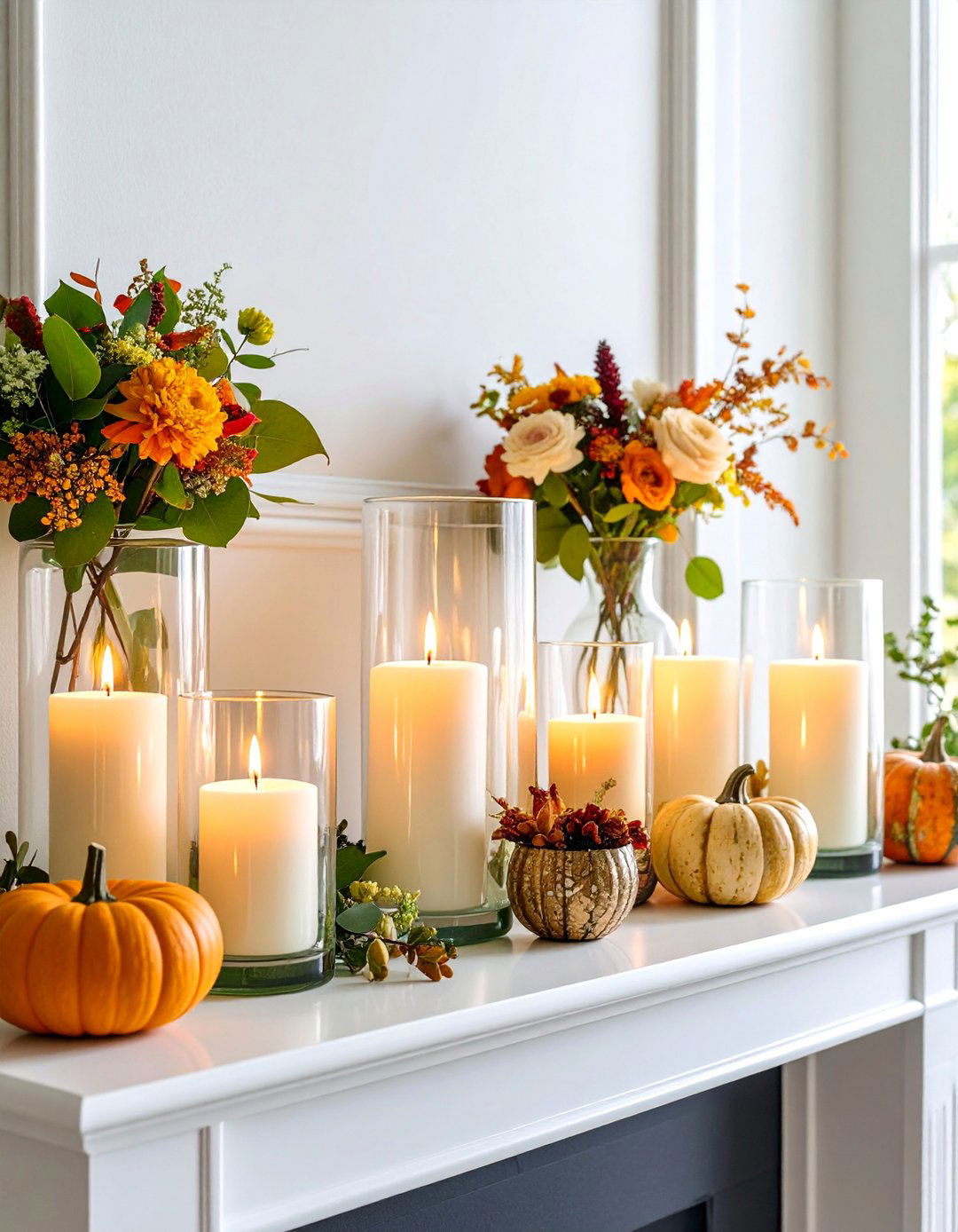 Hurricane Glass Candle Holders with Seasonal Displays - 25 Fireplace Mantel Lighting Ideas