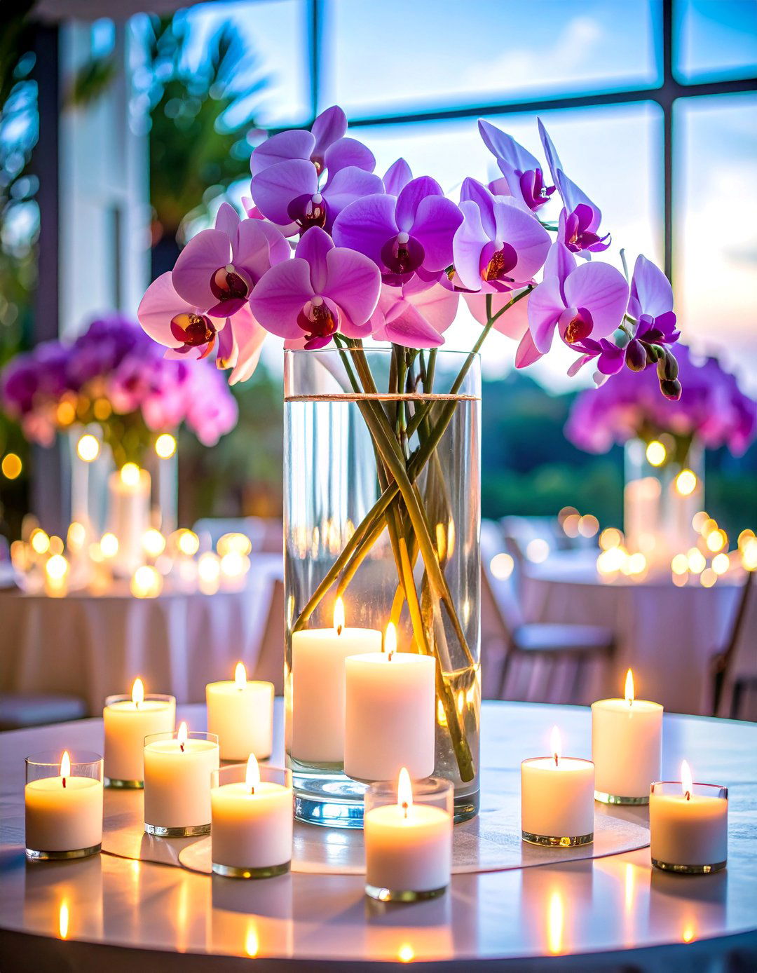 Hurricane Glass Centerpiece with Submerged Orchids - 25 Floating Wedding Centerpiece Ideas