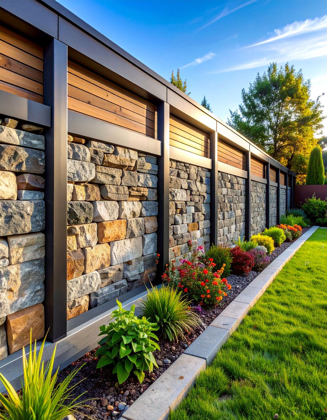 Hybrid Retaining Wall with Steel and Stone Integration - 25 Retaining Wall Ideas for Sloped Backyard