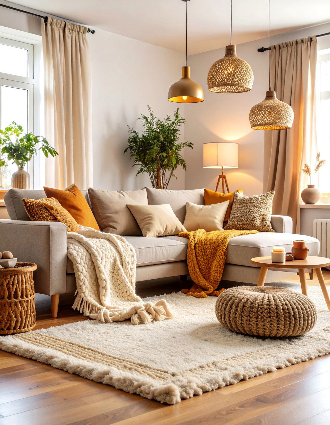 Hygge Centered Living Room with Layered Textures - 25 Scandinavian Living Room Ideas