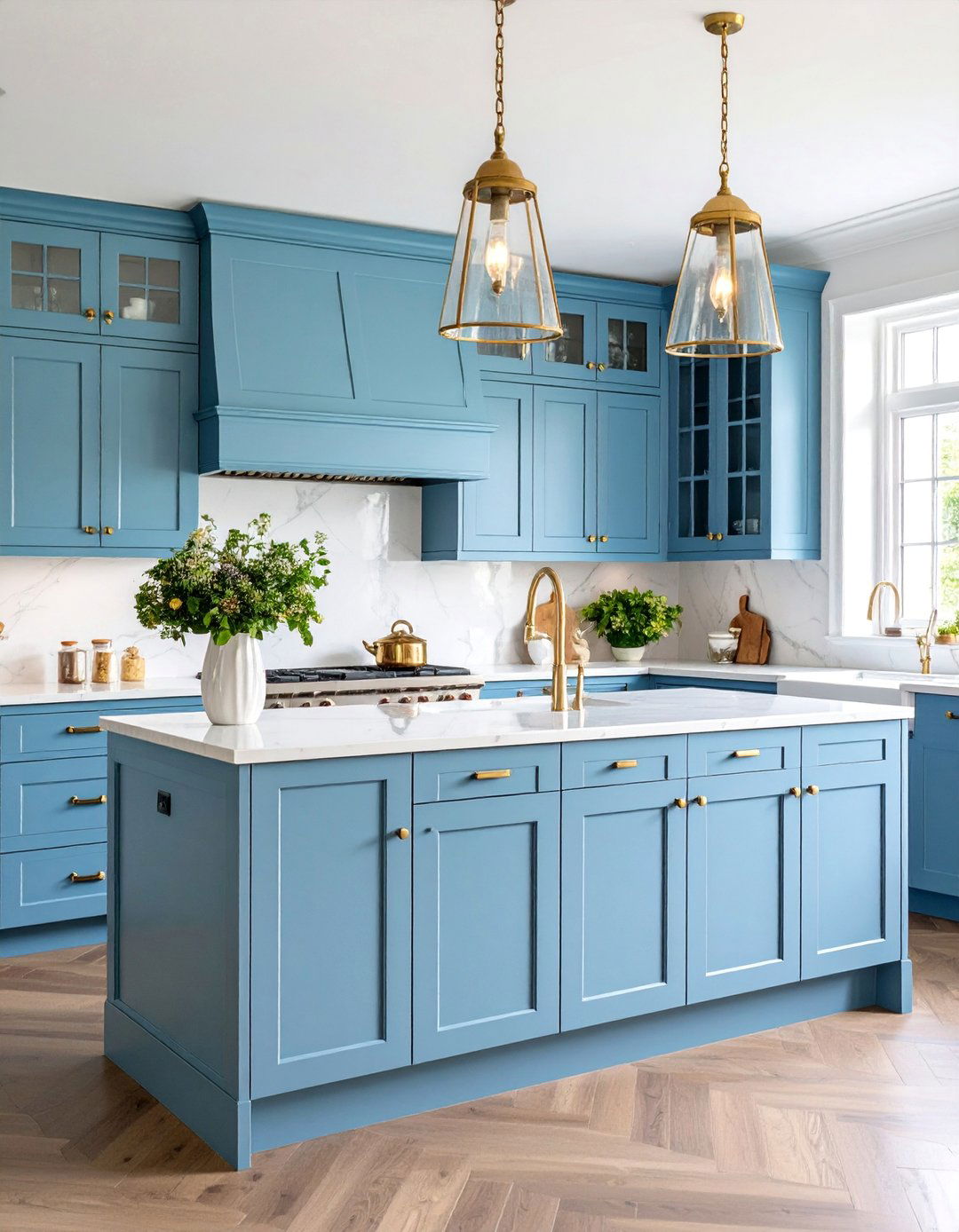 Ice Blue Kitchen with Crystal Hardware - 25 Blue Kitchen Ideas