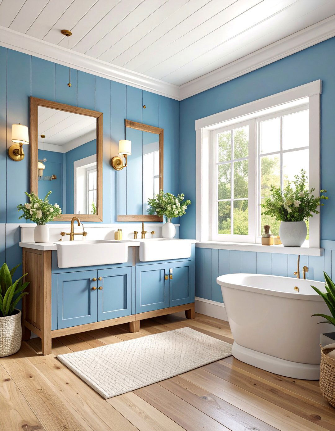 Ice Blue Modern Farmhouse Powder Room with Shiplap Ceiling - 25 blue powder room ideas