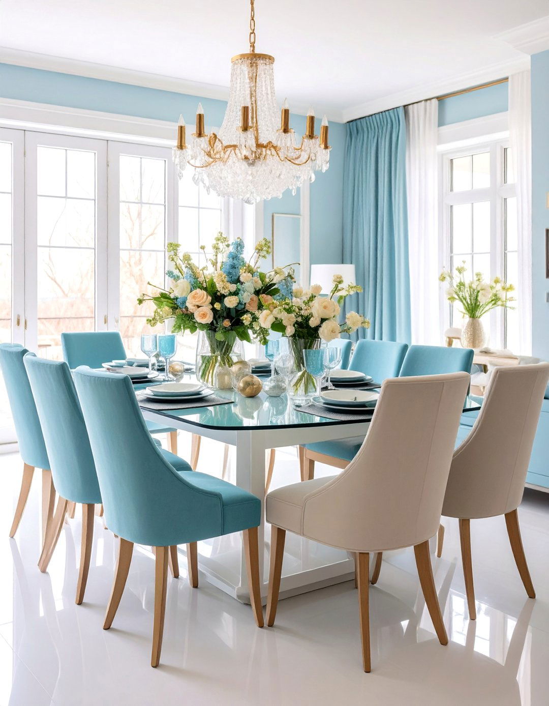 Ice Blue Transitional Dining Room with Mixed Materials - 25 Blue Dining Room Ideas