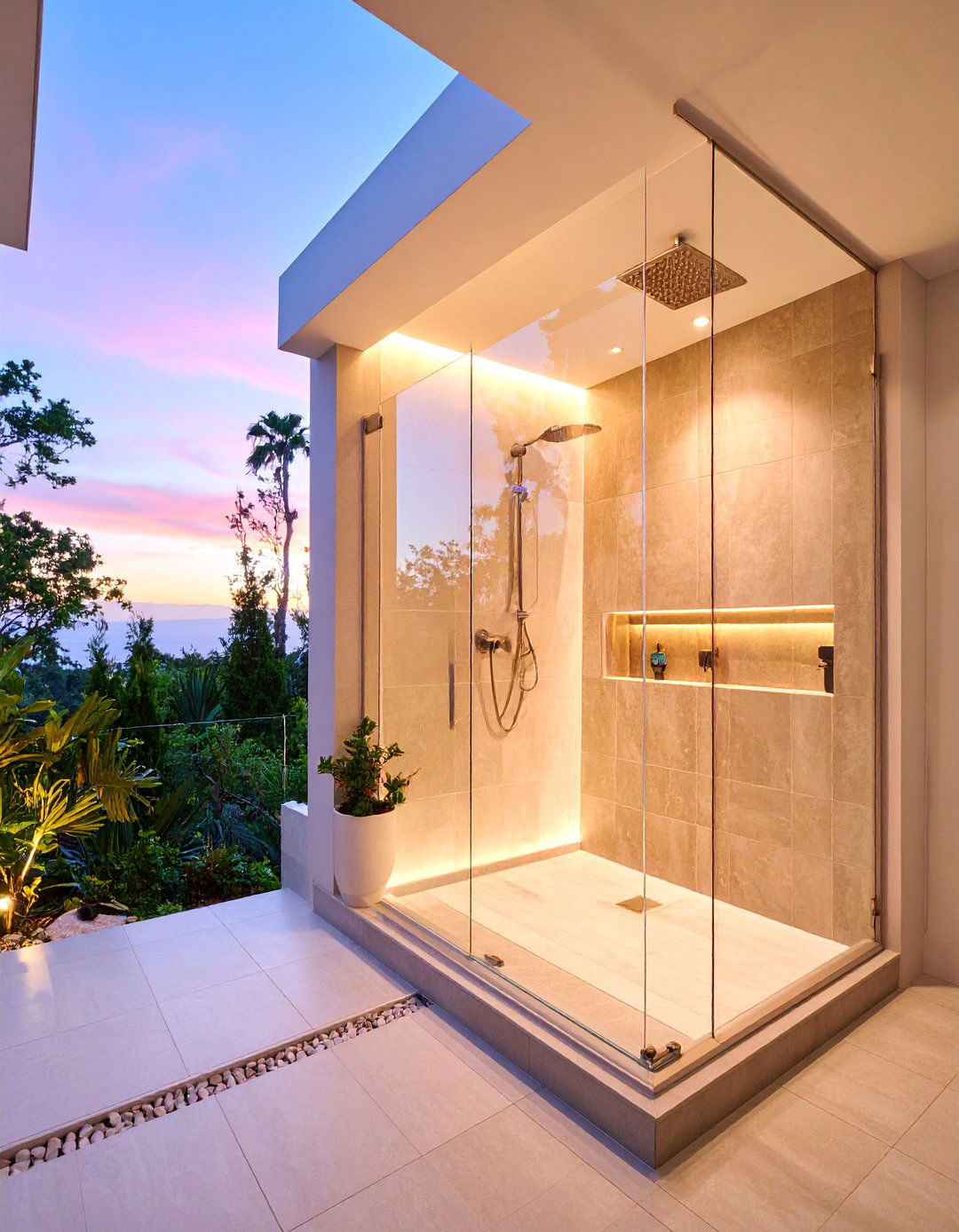 Illuminated Bathroom Shower Niche with Glass Shelving - 25 Wall Niche Ideas