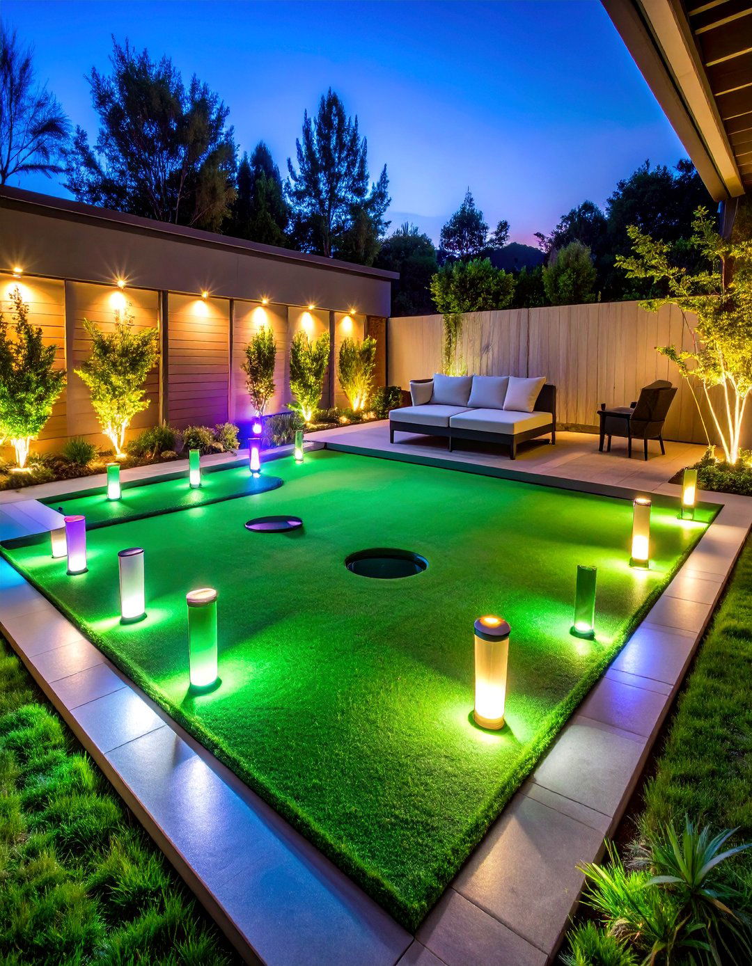 Illuminated Cup Putting Green with RGB Lighting - 25 Backyard Putting Green Ideas