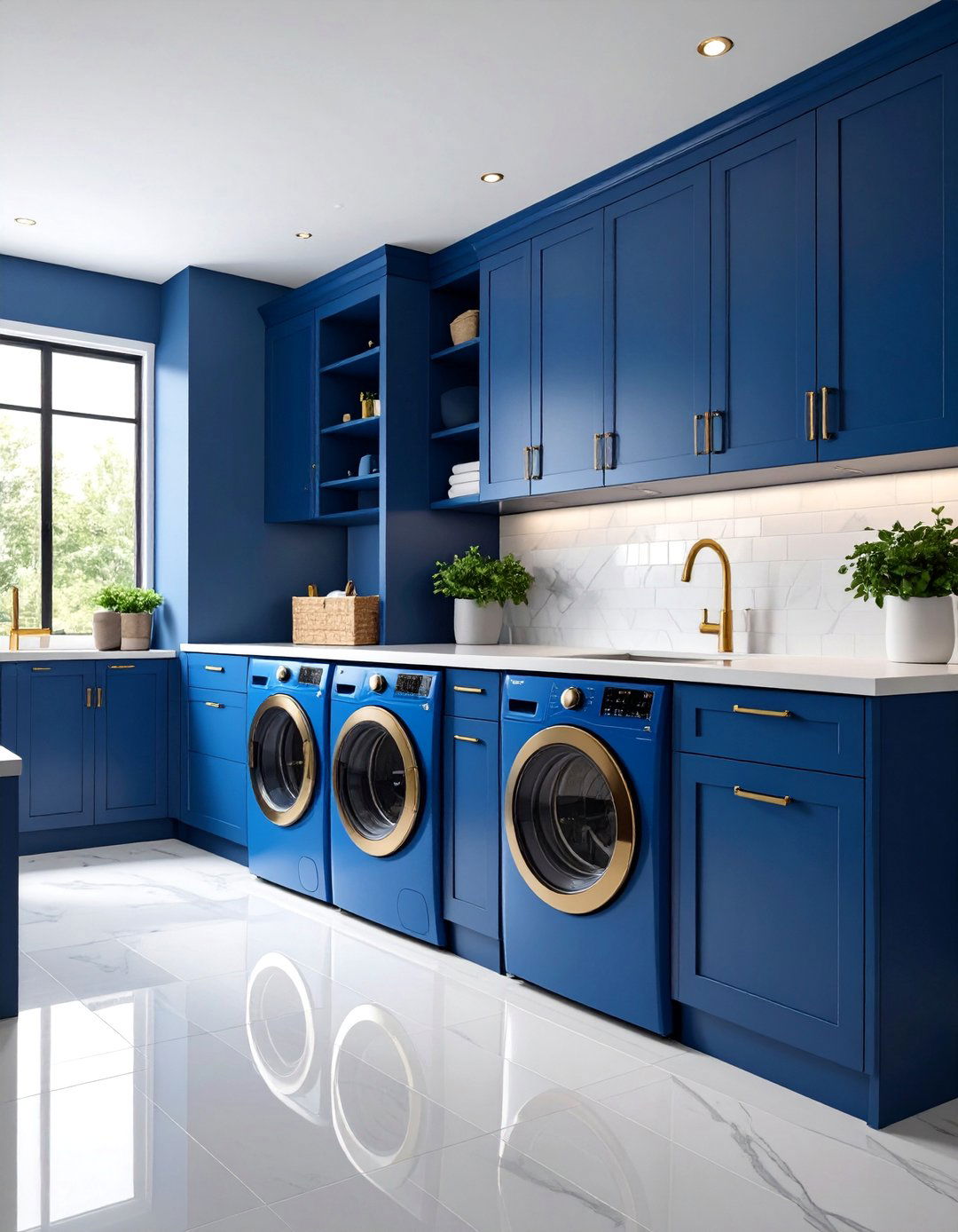 Indigo Blue Cabinetry with Brass Fixtures - 25 Blue Laundry Room Ideas