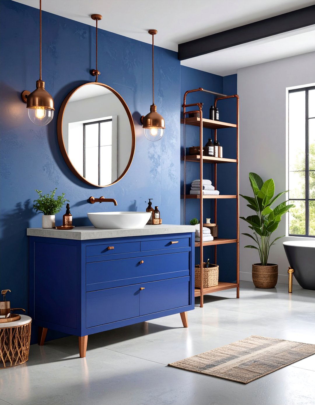 Indigo Blue Vanity with Copper Pipe Shelving - 25 Blue Bathroom Vanity Ideas