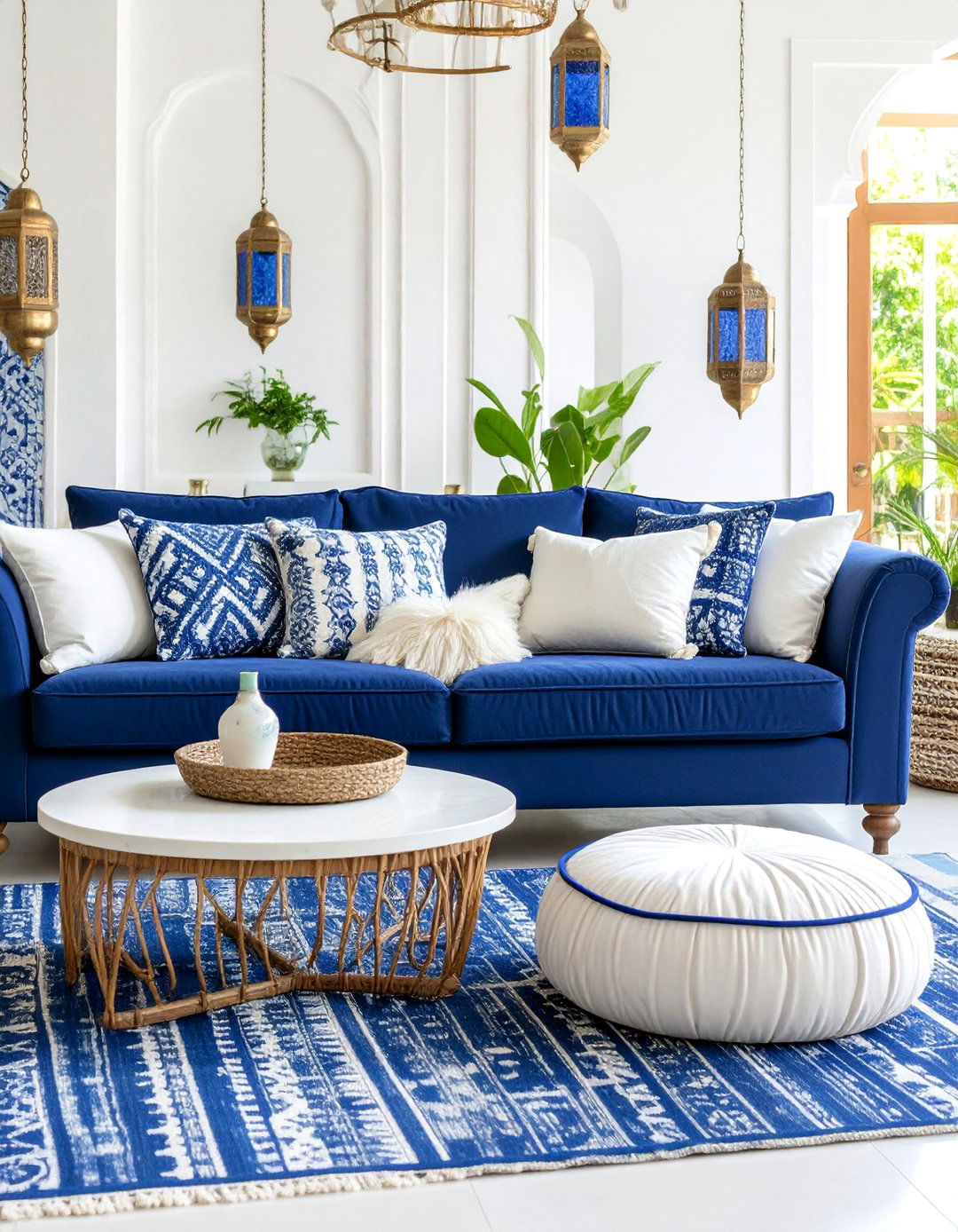 Indigo and White Coastal Moroccan Living Room - 25 Bohemian Moroccan Living Room Ideas