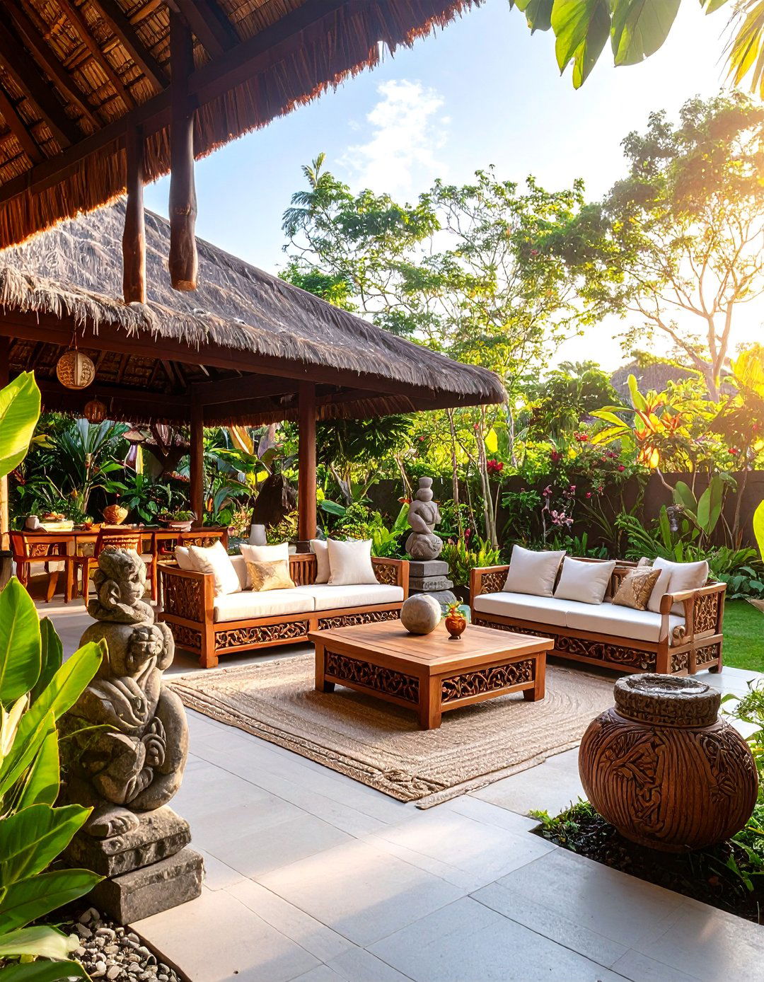 Indonesian Resort Patio with Carved Stone Elements - 25 Tropical Patio Ideas