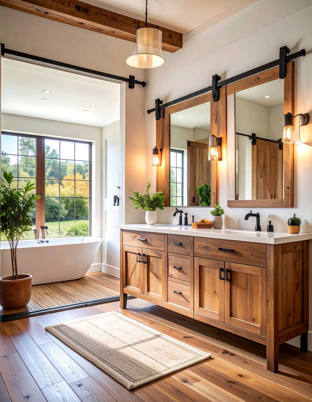 Industrial Barn Door Style Mirror with Metal Track Hardware - 25 Farmhouse Bathroom Mirrors Ideas