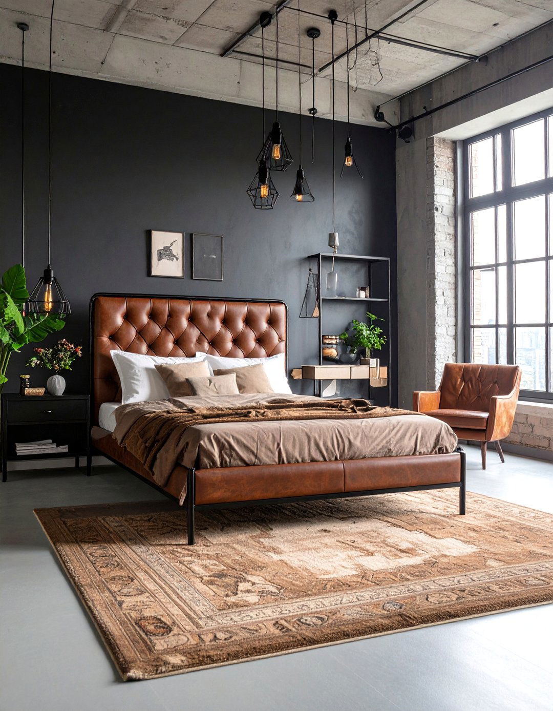Industrial Black Bedroom with Brown Leather Accents - 25 Black and Brown Bedroom Ideas