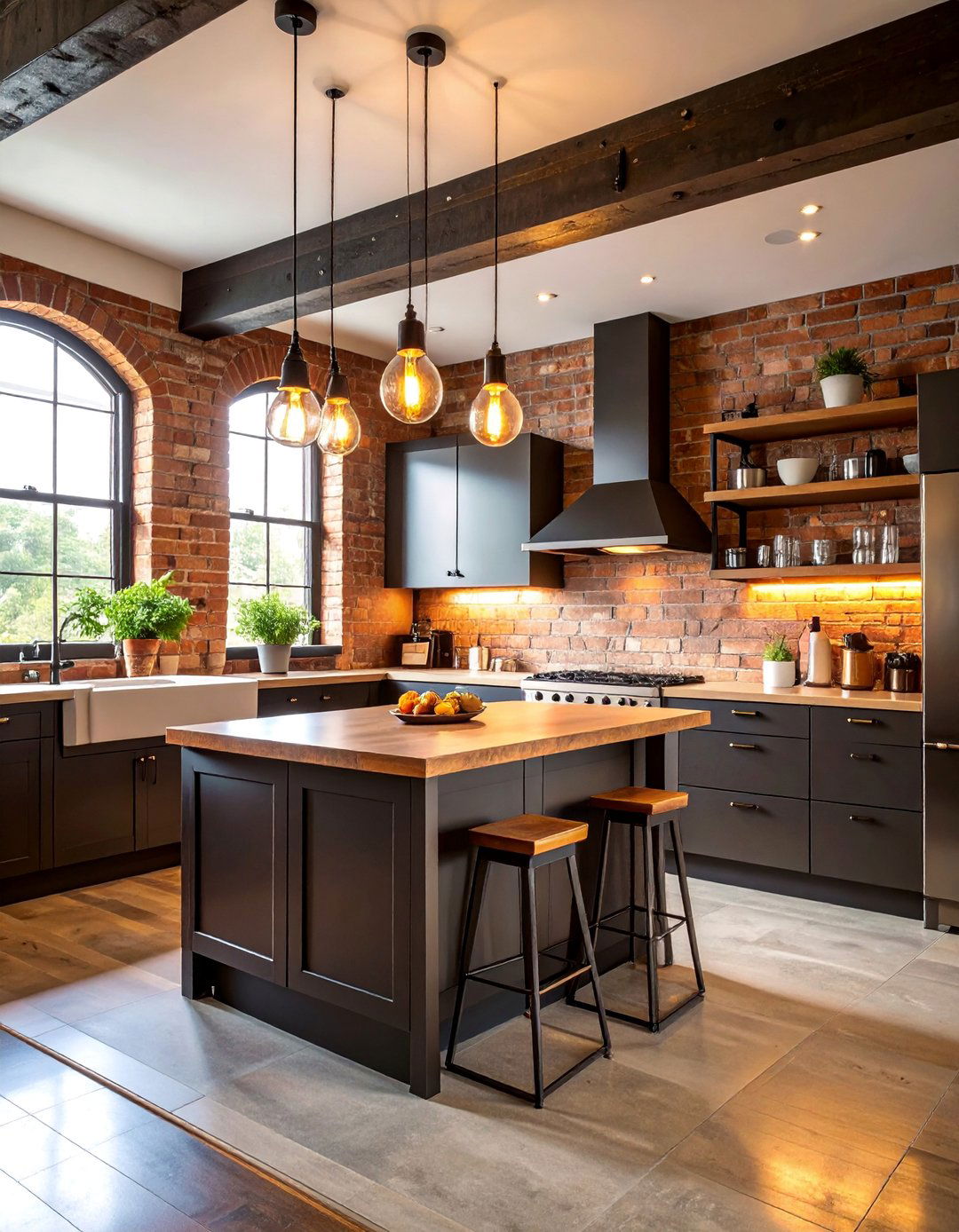 Industrial Black Brick Backsplash with Metal Accents - 25 Kitchen With Black Backsplash