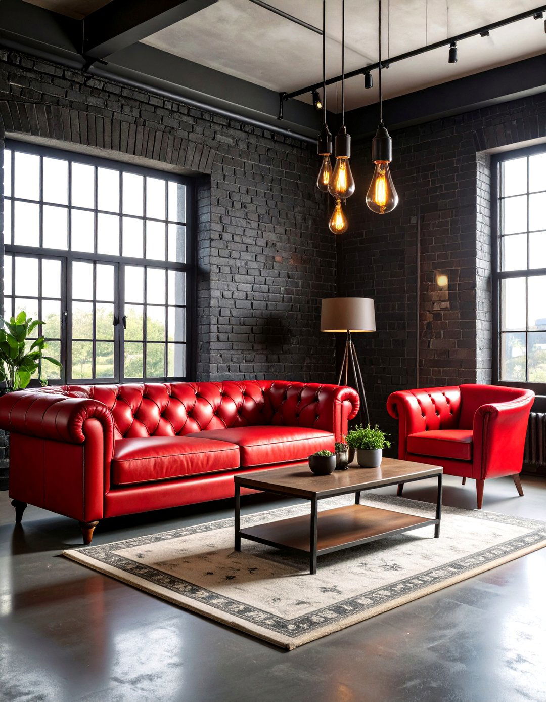 Industrial Black Brick Living Room with Red Leather Accents - 25 Black and Red Living Room Ideas