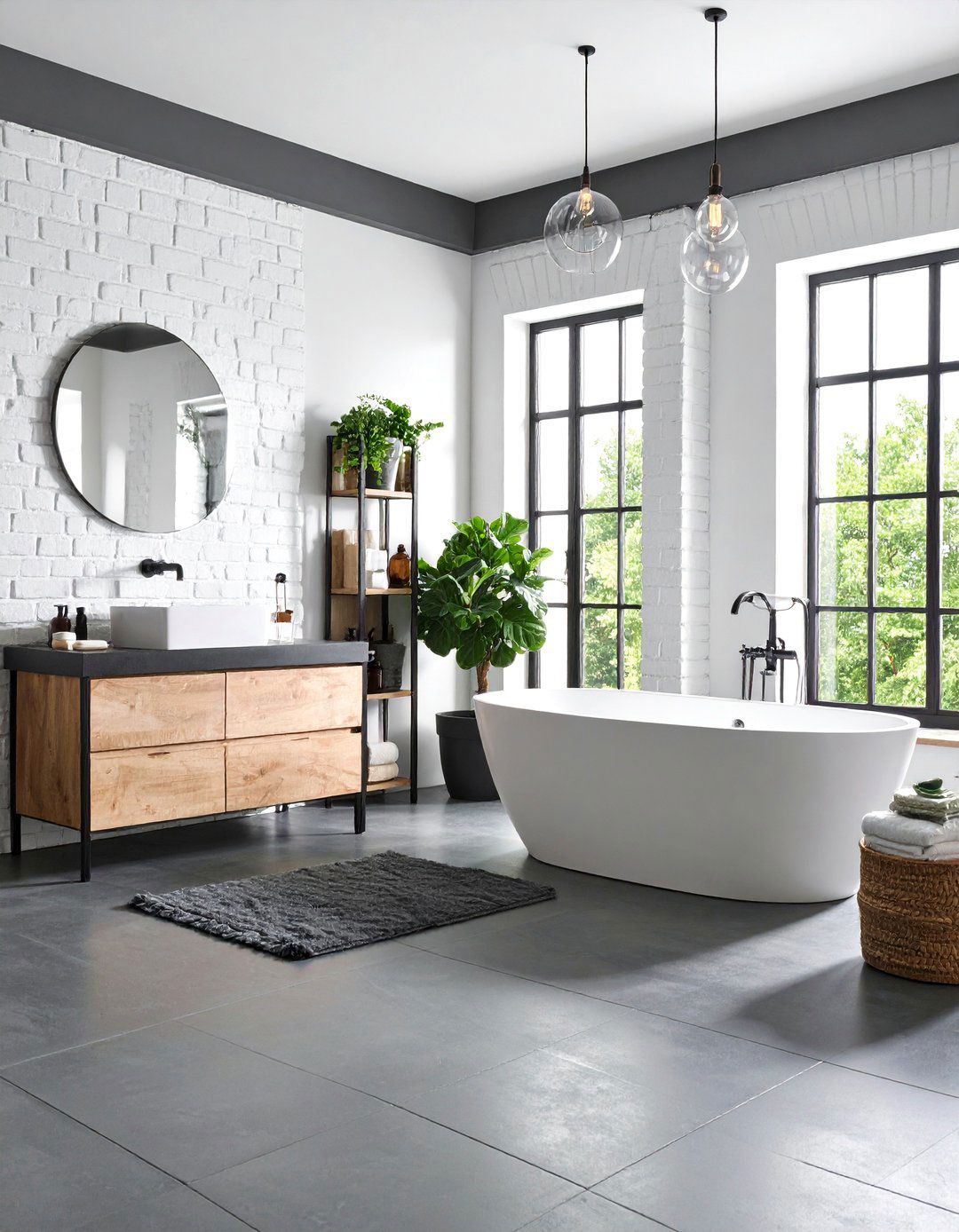 Industrial Black Concrete Floor with White Brick Walls - 25 Black Floor Bathroom With White Walls Ideas