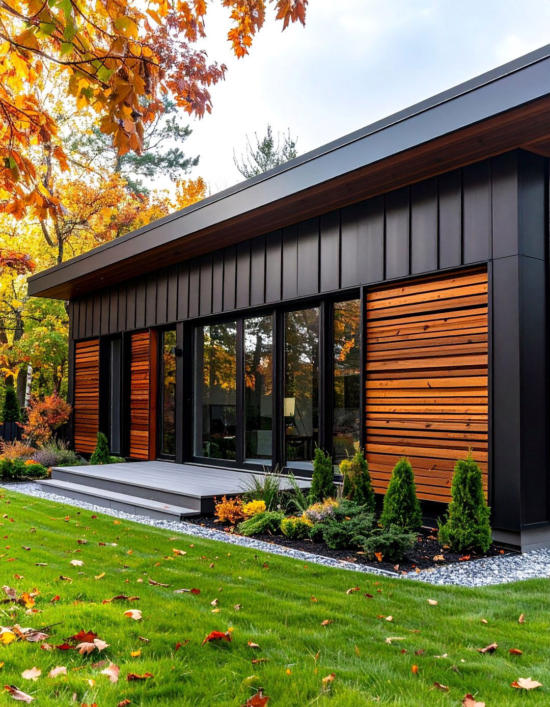 Industrial Black Exterior with Cedar Privacy Screens - 25 Black House With Cedar Accents