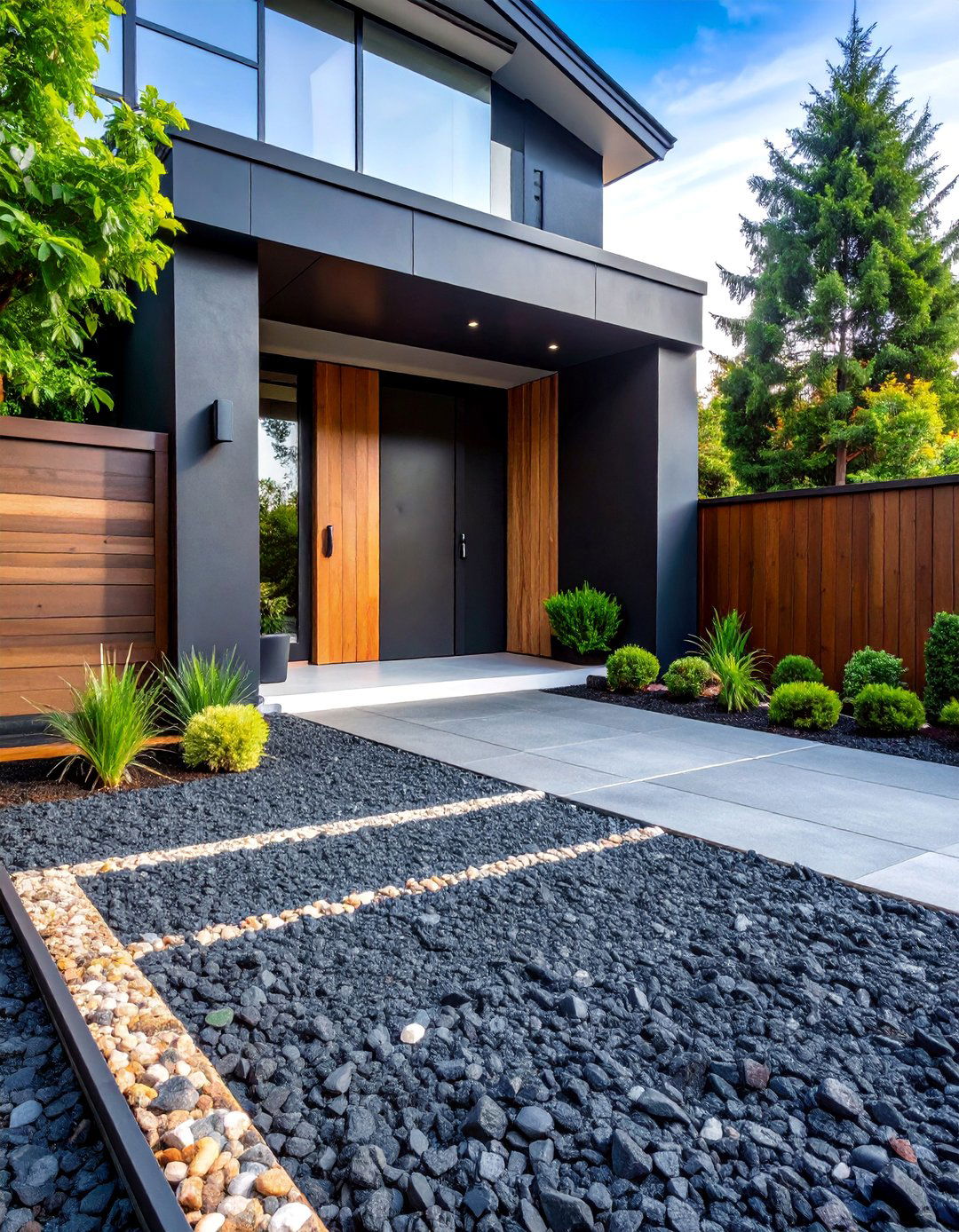 Industrial Black Gravel Driveway with Contemporary Steel Features - 25 Gravel Driveway Ideas