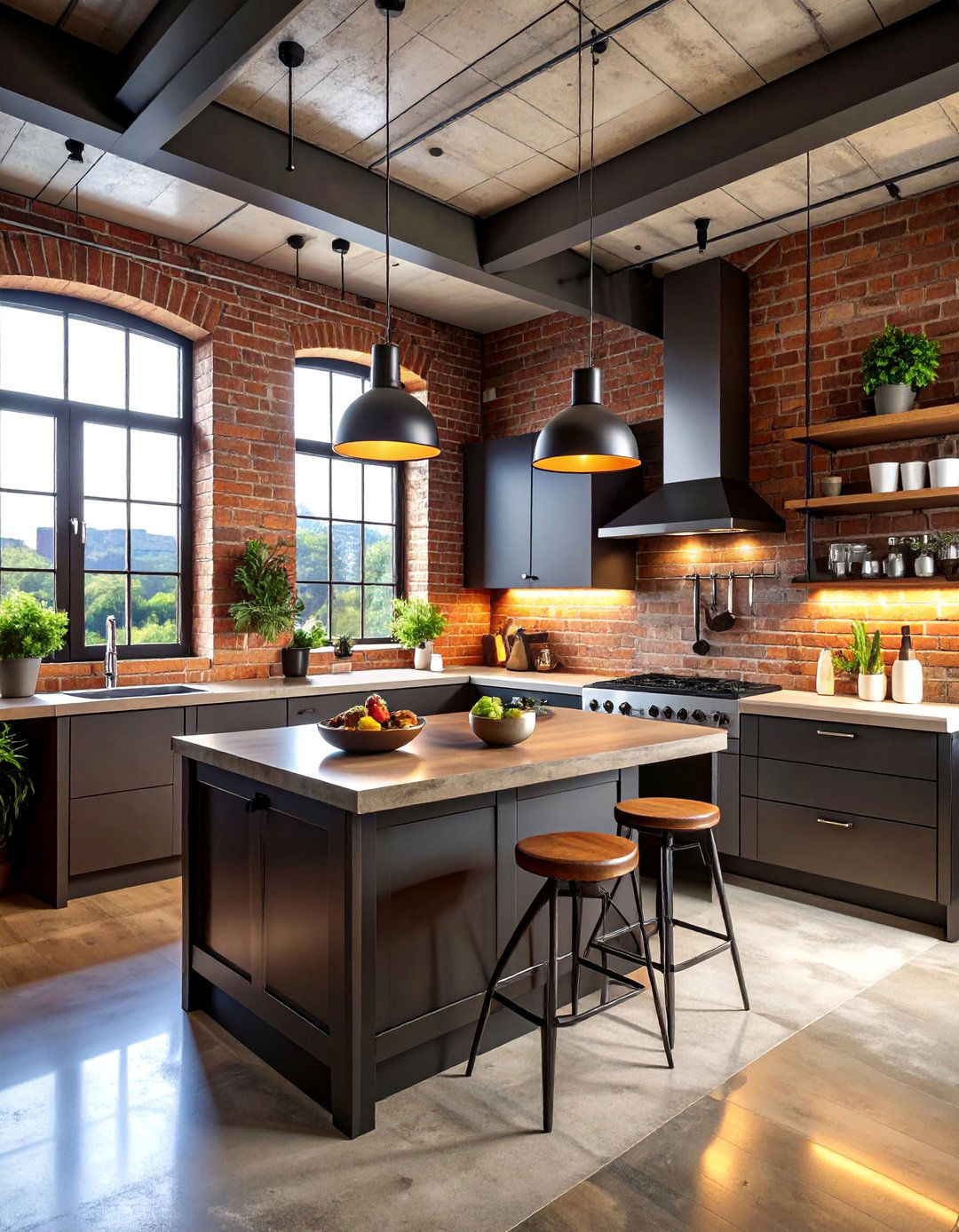 Industrial Black Kitchen with Exposed Brick and Steel - 25 kitchens with beautiful black cabinets