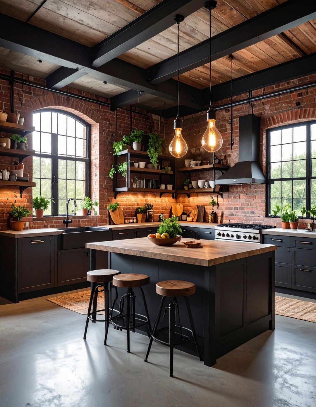Industrial Black Kitchen with Exposed Brick and Steel - 25 Kitchens With Black Cabinets