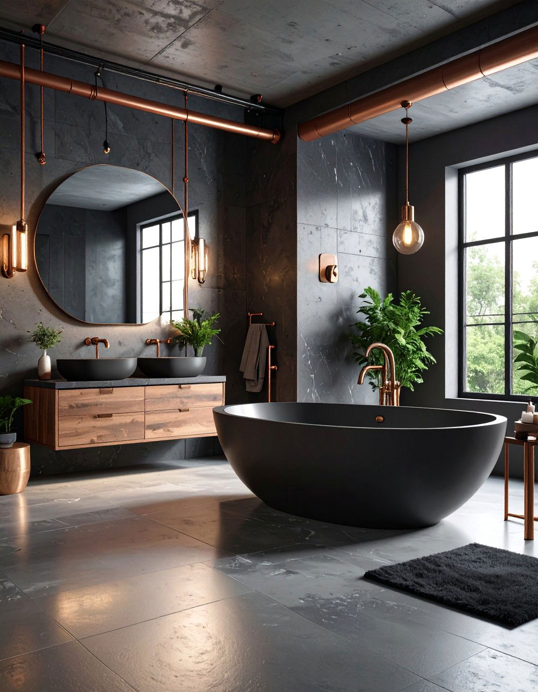 Industrial Black Marble Bathroom with Exposed Fixtures - 25 Black Marble Bathrooms