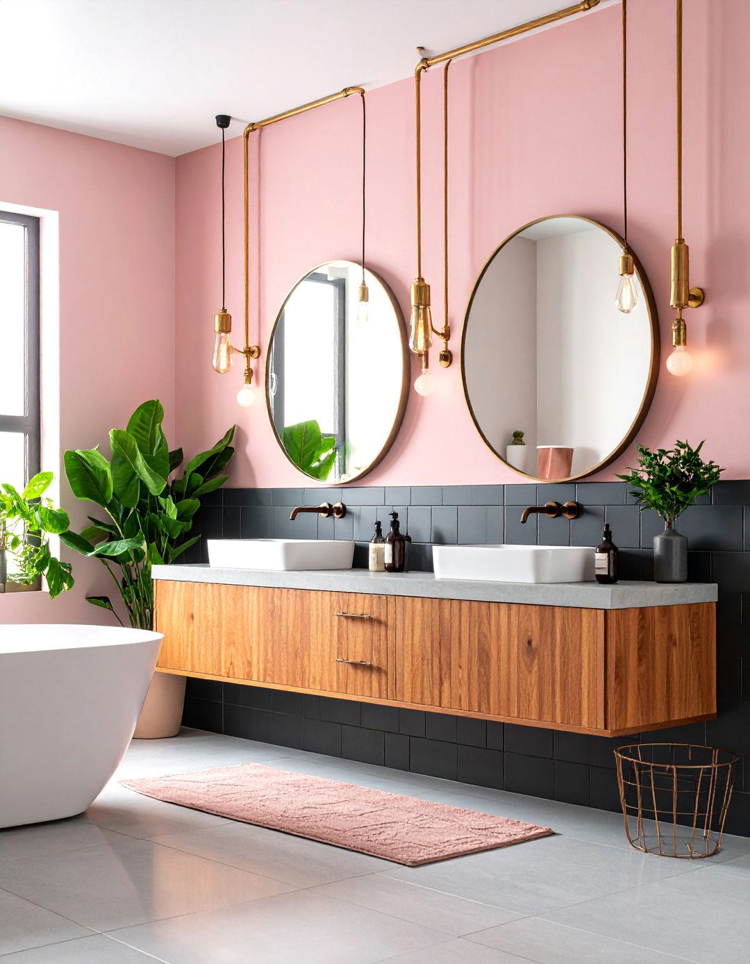 Industrial Black Powder Room with Brass Pipe Fixtures - 25 black and gold powder room ideas