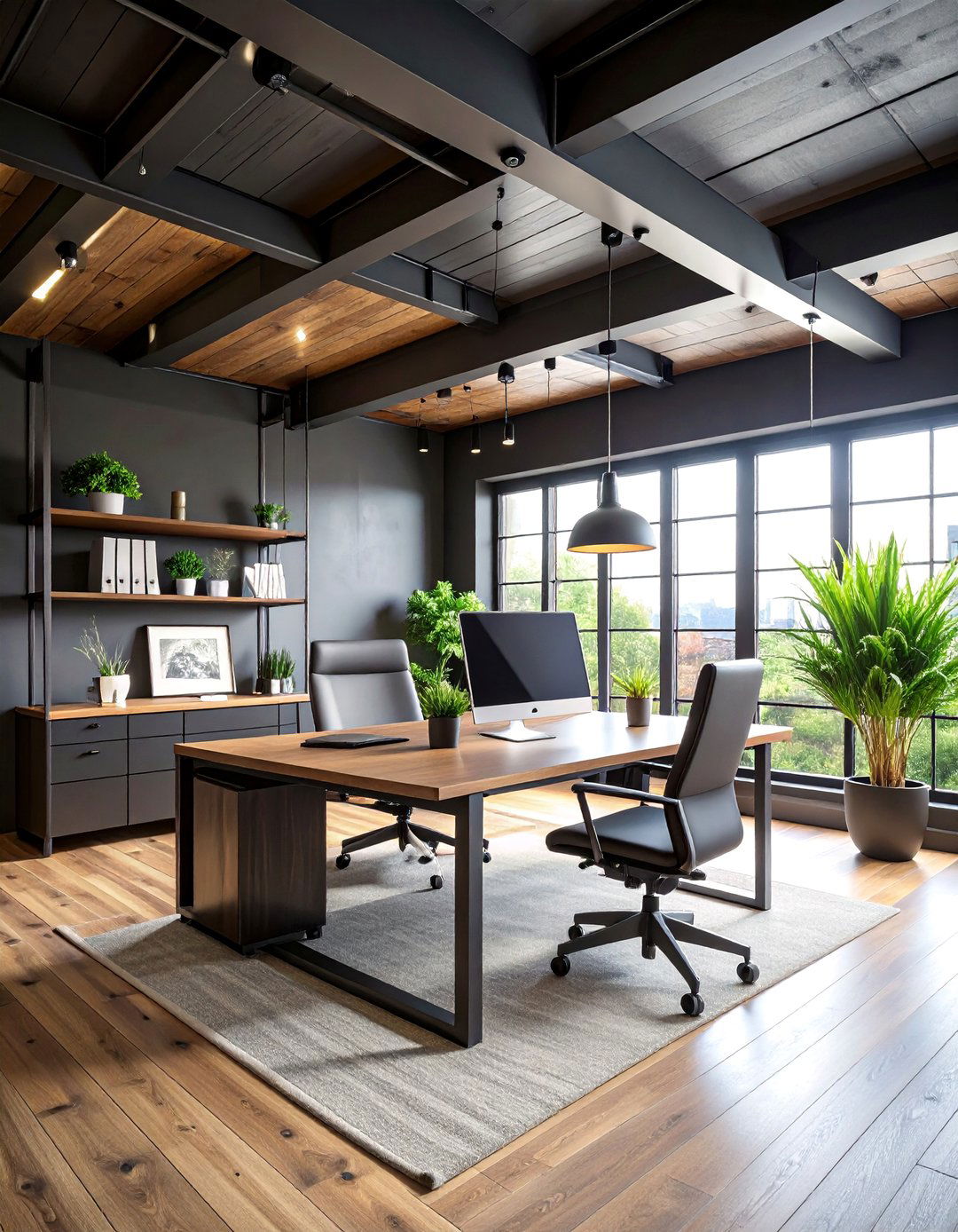 Industrial Black Stained Plank Ceiling with Exposed Hardware - 25 Wood Plank Ceiling Ideas