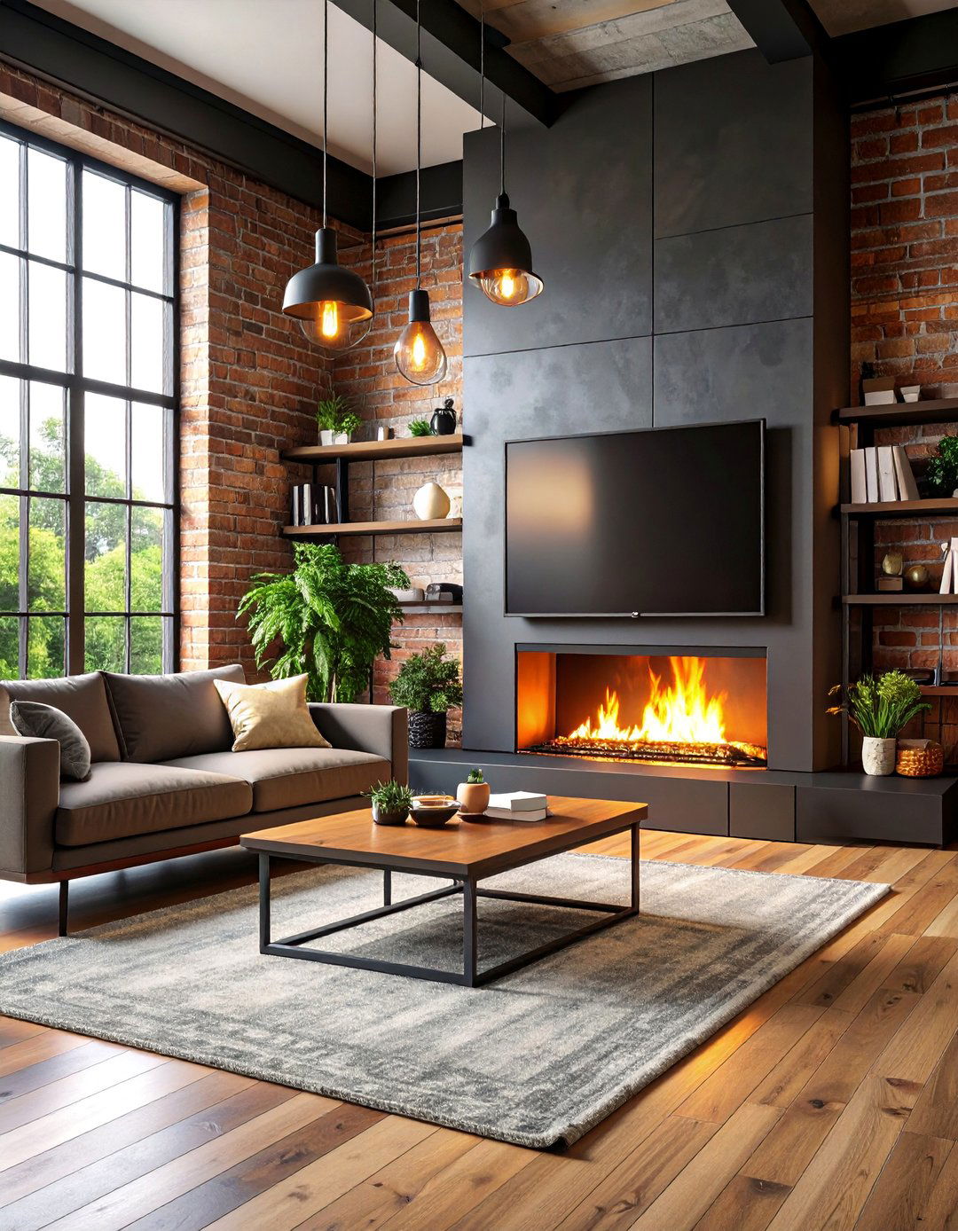 Industrial Black Steel Frame with Exposed Brick - 25 Tv Over Fireplace Ideas