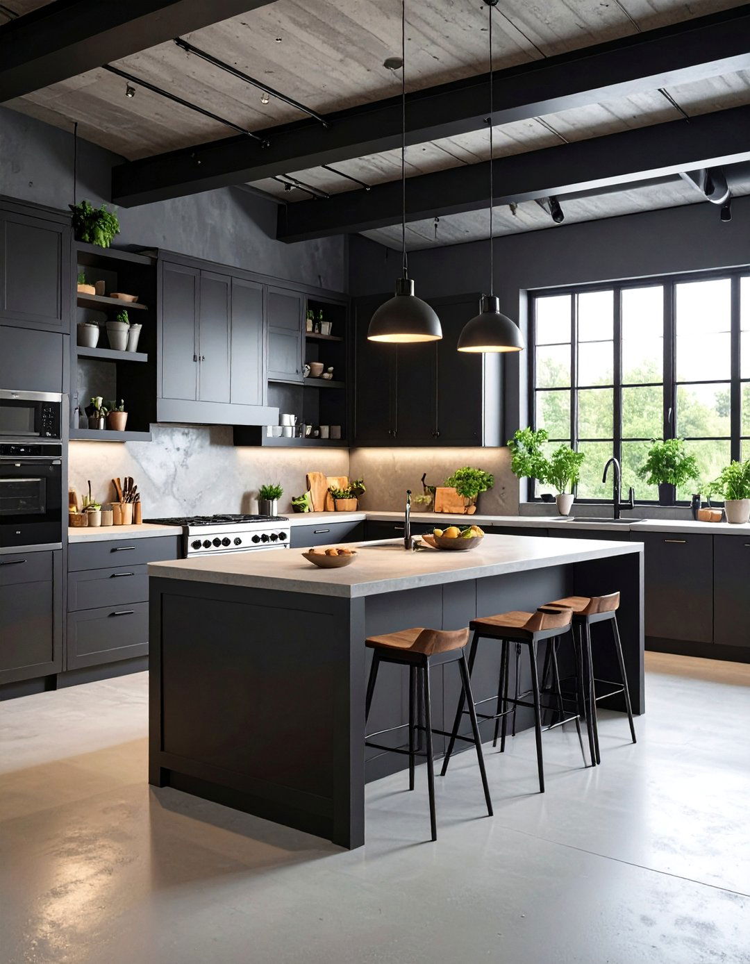 Industrial Black Steel and Concrete Kitchen - 25 Dark Kitchen Ideas
