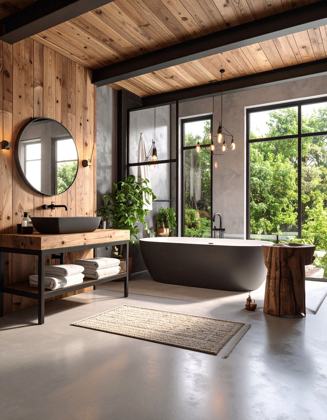 Industrial Black Steel and Reclaimed Wood Partition - 25 Black and Wood Bathroom Ideas