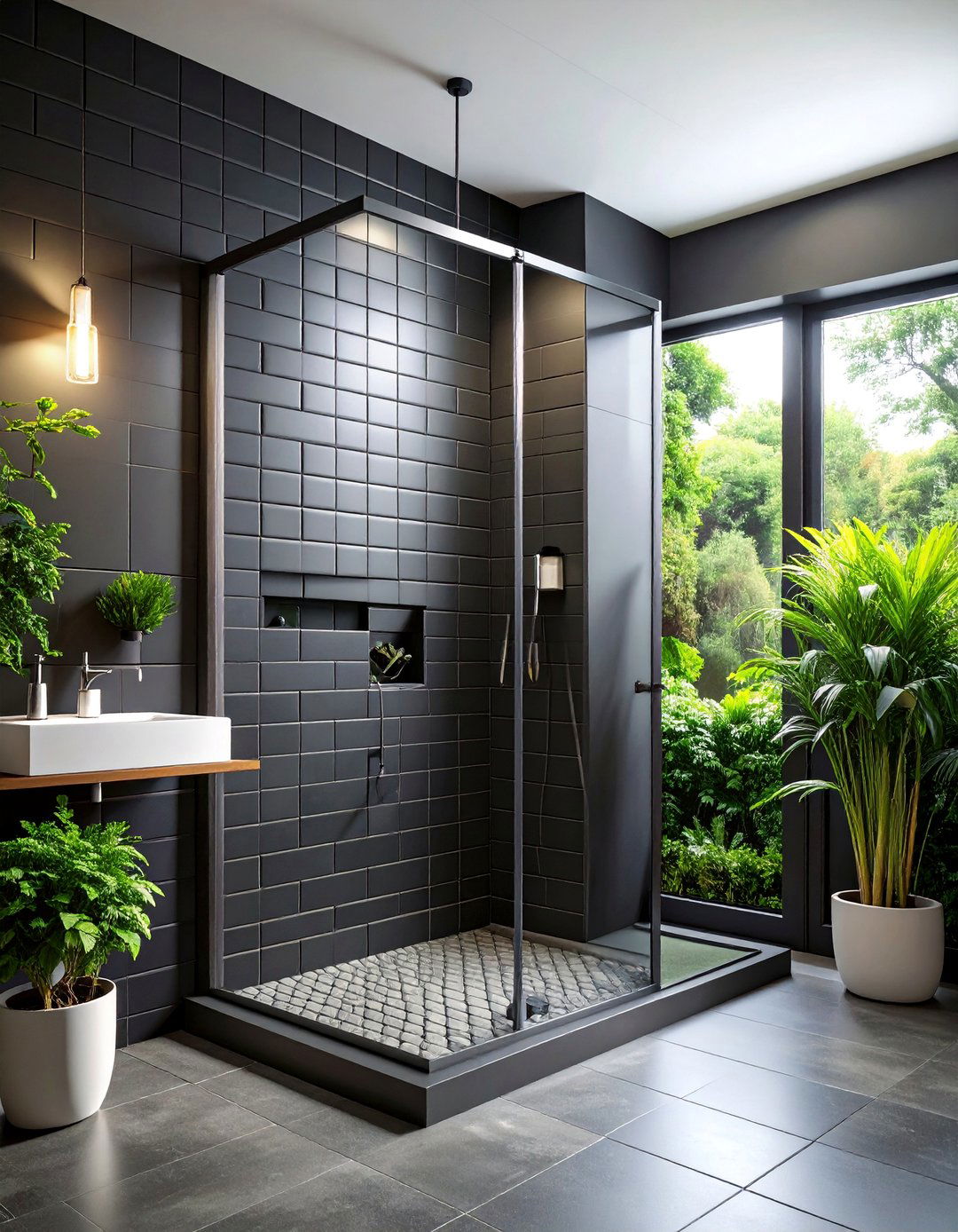 Industrial Black Tile Statement - 25 Doorless Walk In Shower Ideas