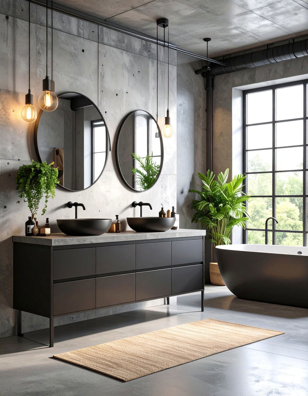 Industrial Black Vanity with Concrete Countertops - 25 bathroom with black cabinets ideas