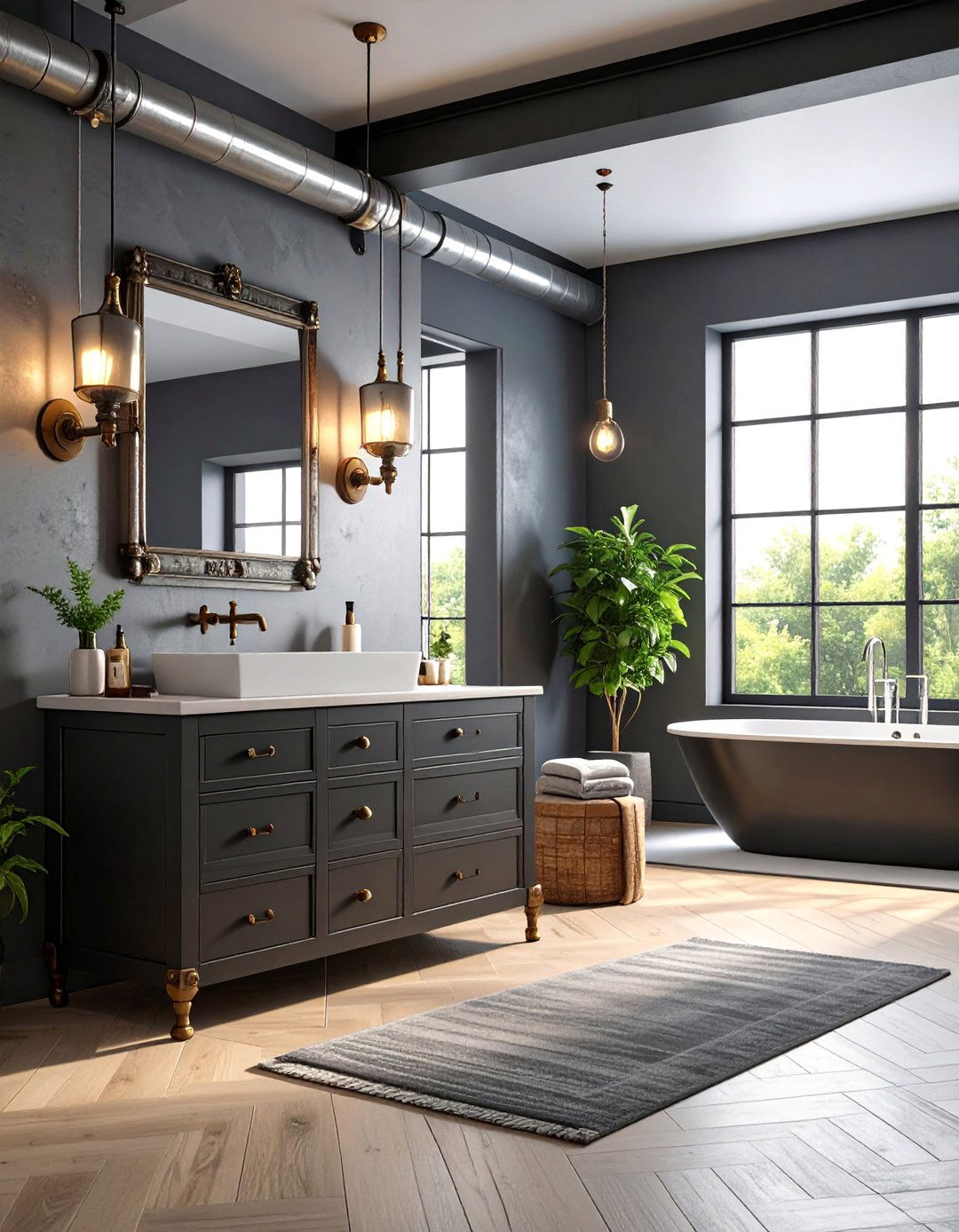 Industrial Black Vanity with Exposed Plumbing - 25 Black Vanity Bathroom Ideas