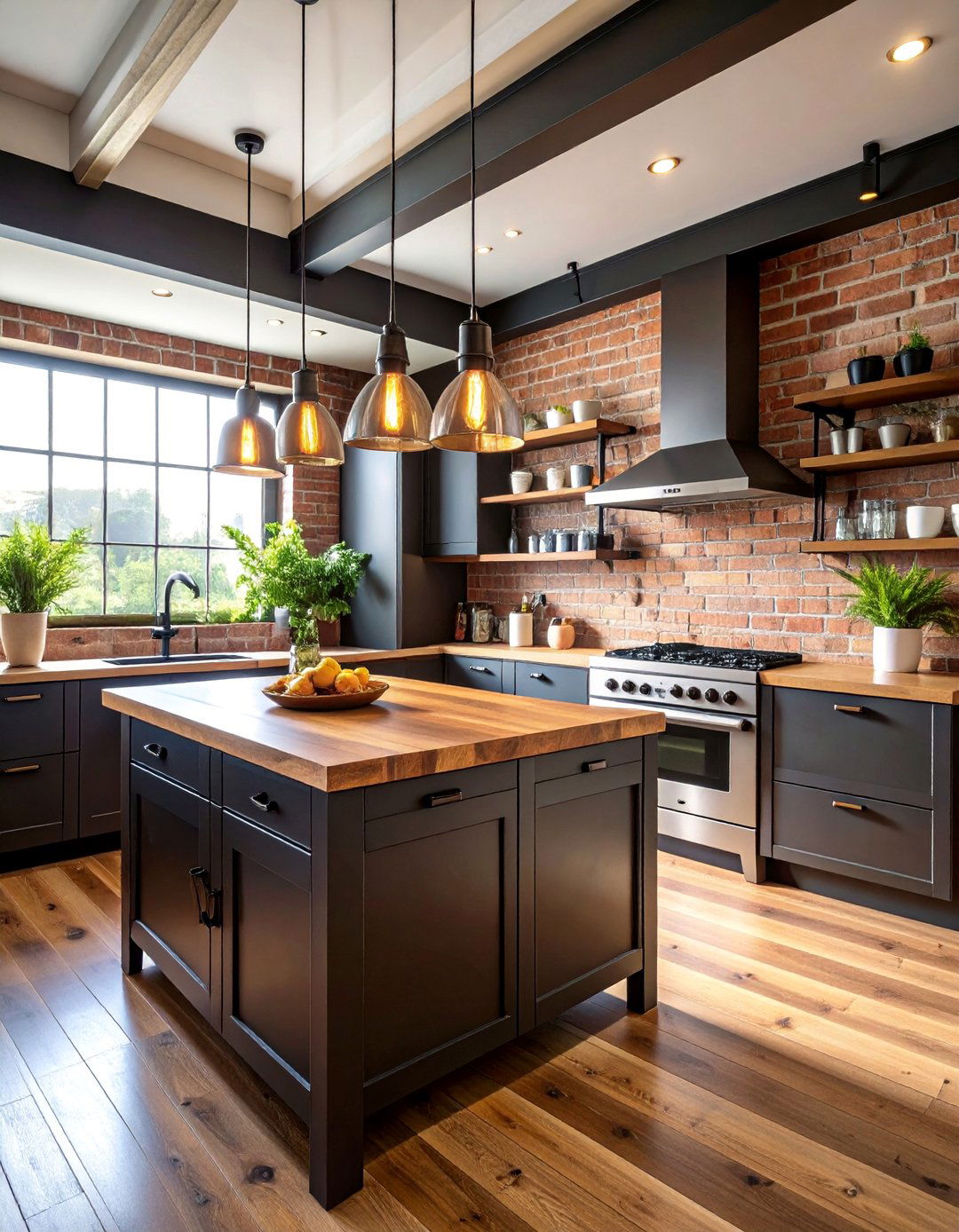 Industrial Black and Brown Kitchen with Exposed Brick - 25 Black and Brown Kitchen Ideas