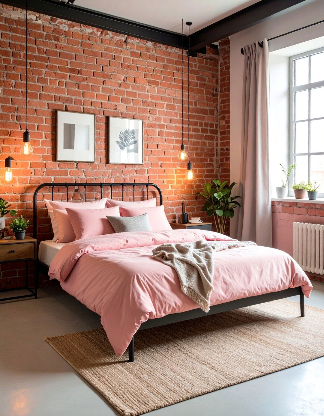 Industrial Blush Pink Bedroom with Exposed Metal Accents - 25 Blush Pink Bedroom Ideas