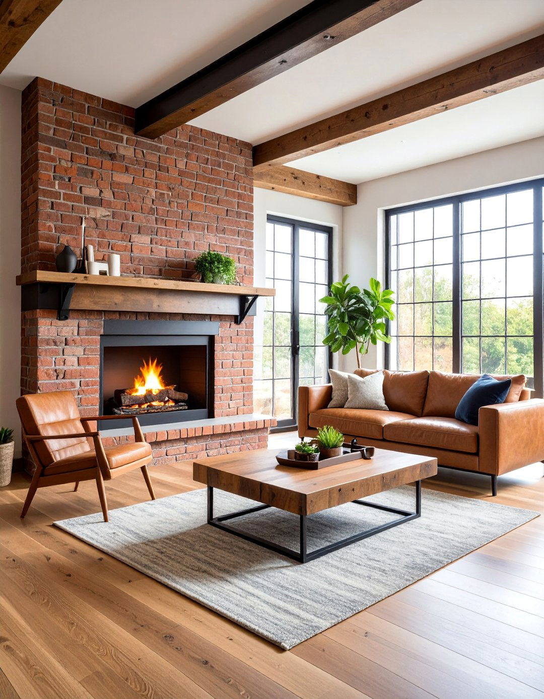 Industrial Brick Fireplace with Steel and Wood Elements - 25 Brick Fireplace Ideas