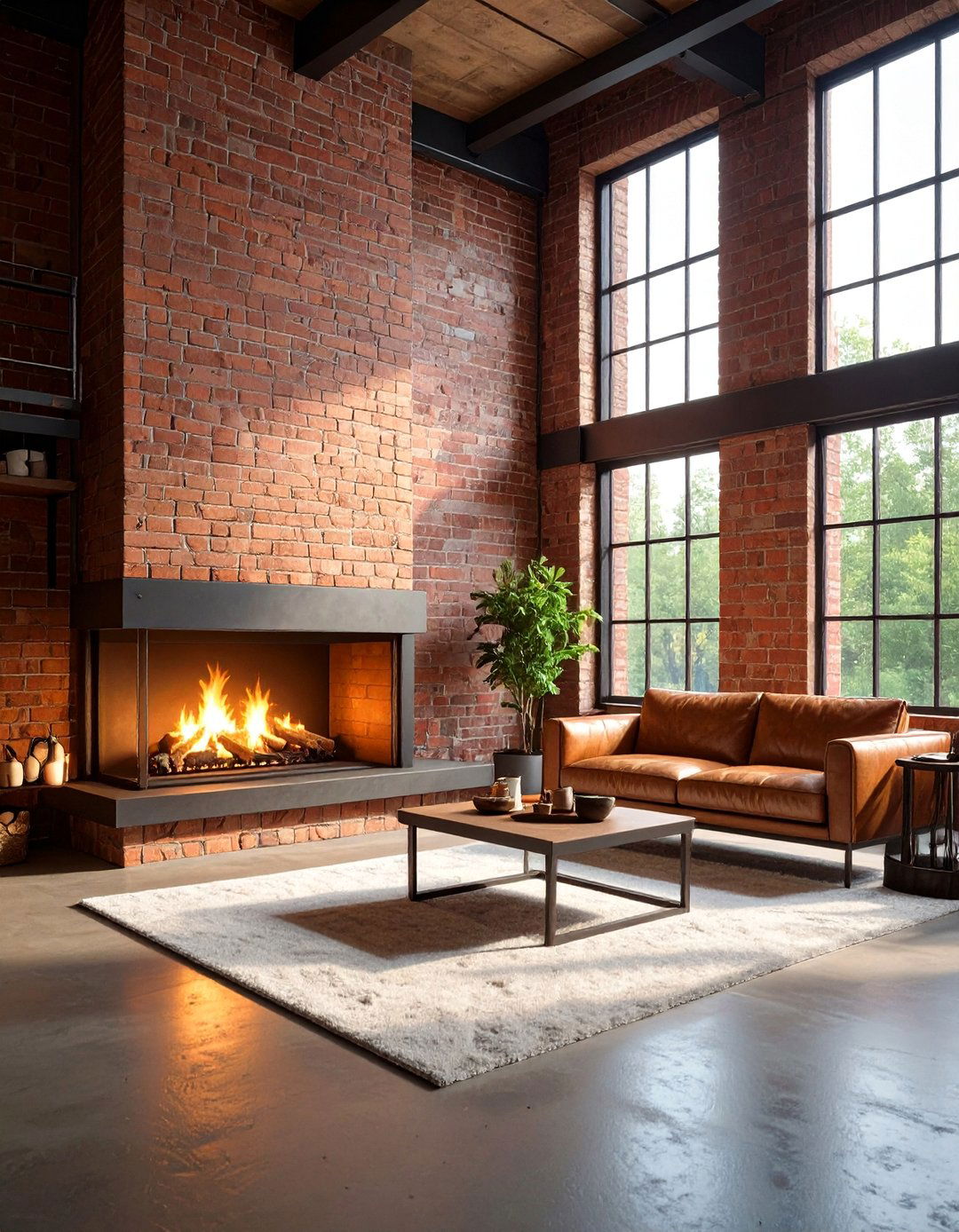Industrial Brick with Steel Frame and Modern Insert - 25 Brick Fireplace Ideas